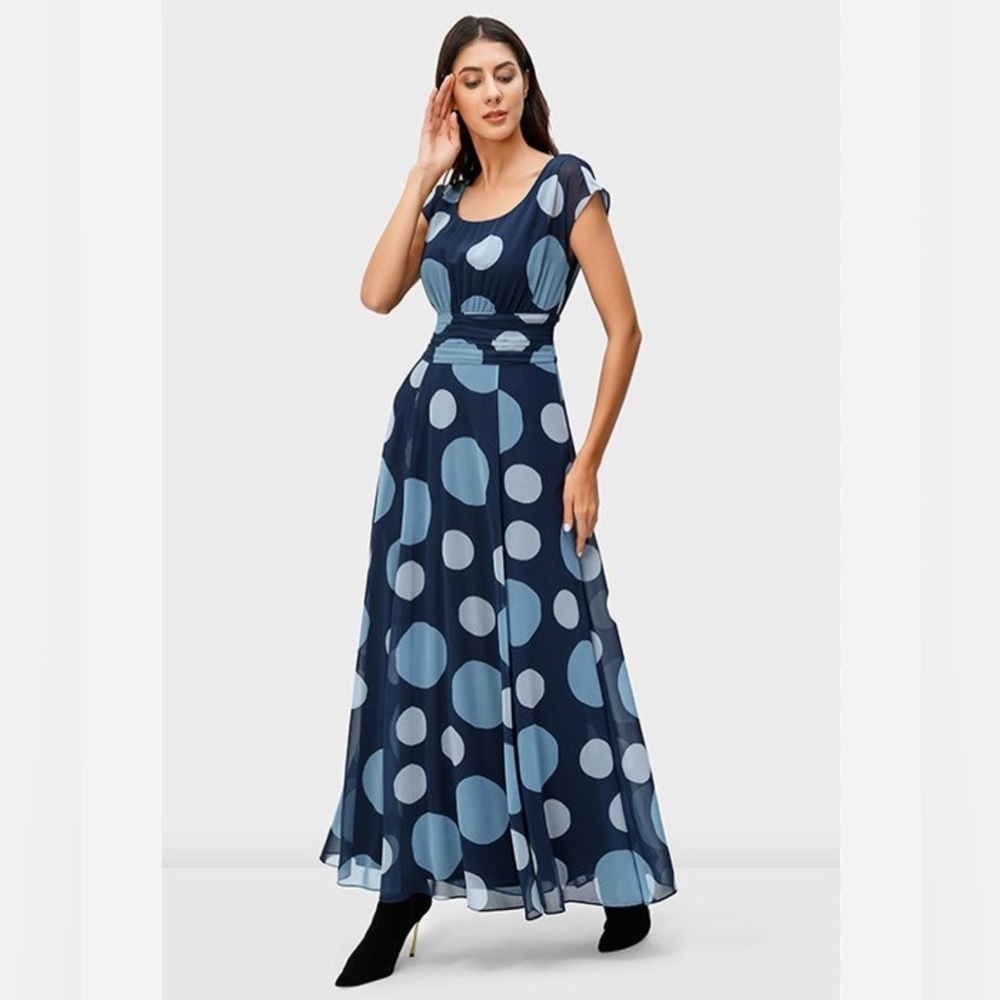eShakti Navy Blue Print Maxi Dress Circles Polka Dots